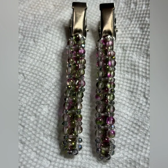 Hand crafted set of hair clips hand wrapped w/ green & fuchsia glass beads 3 in. - Picture 1 of 4
